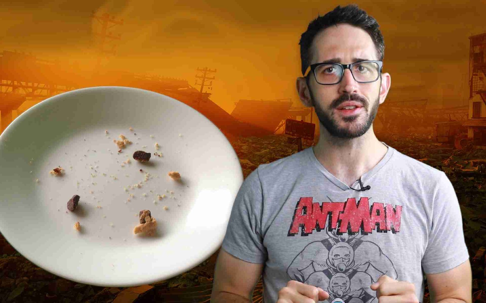 The Cookie Apocalypse Explained Destroyed cityscape background after disaster, Steve D. deGuzman discussing aftermath, with a plate of crumbs and debris indicating chaos or food remnants, showcasing resilience and recovery themes for SEO.