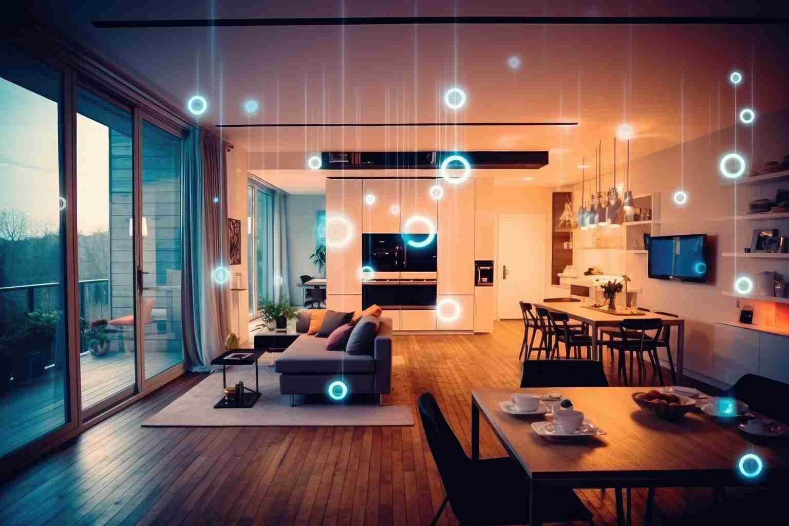 Smart home interior with interactive buttons, AI Generated Modern open-concept living room and dining area with smart home lighting, decorated in contemporary style, showcasing cozy sofa, wooden flooring, large windows, and integrated kitchen appliances.