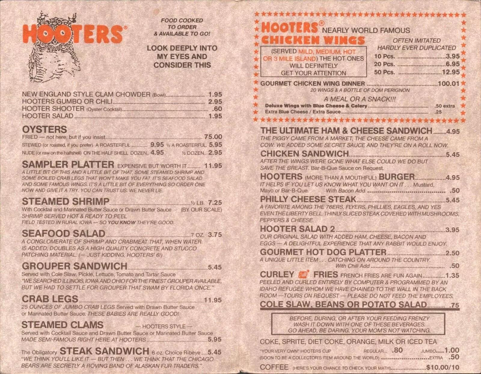 Hooters Menu 1989