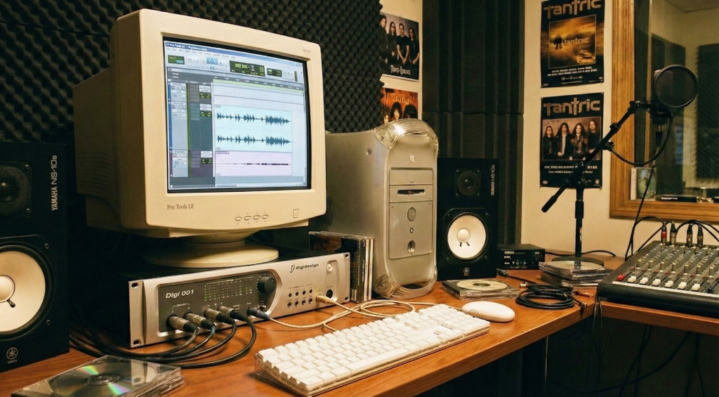 Vintage Pro Tools Setup from the early 2000s with a CRT monitor and Digidesign interface.