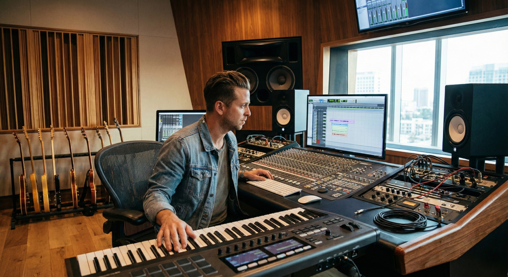 Ryan Tedder working in a modern recording studio.